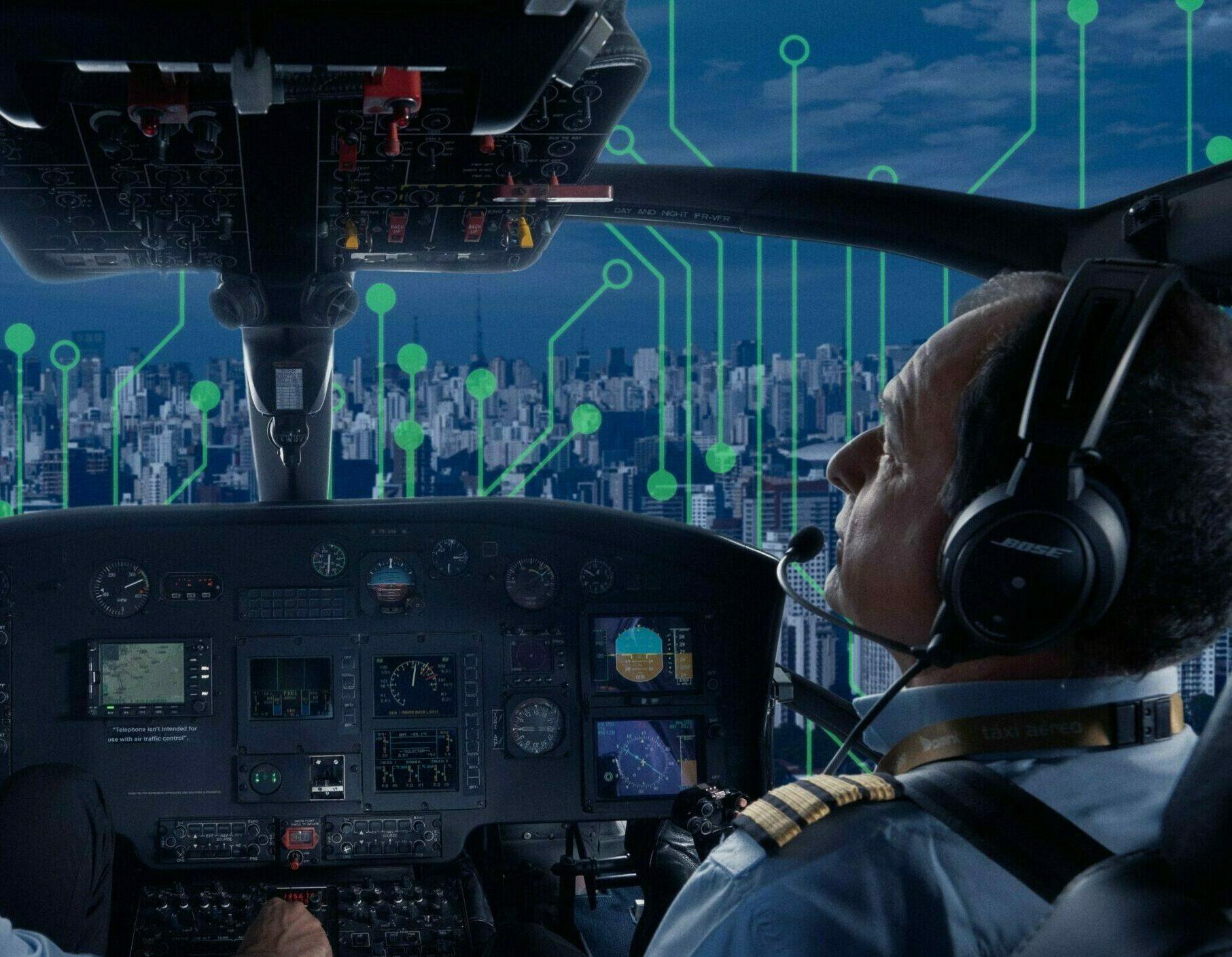 image of pilots and their controls flying through the night sky